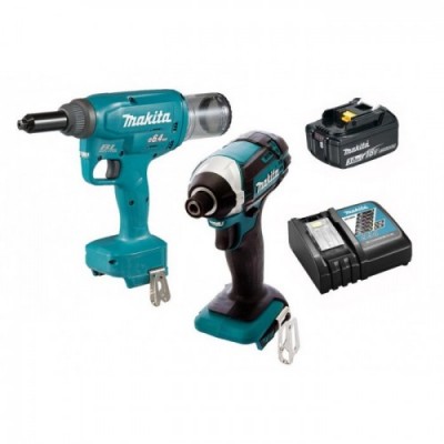 Аккумуляторный заклепочник Makita DRV150Z + Аккумуляторный ударный гайковерт Makita DTD250Z + Аккумулятор Li-ion BL1830B + Быстрозарядное устройство Makita DC18RC (191A24-4) (BNDL-DRV02)
