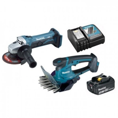 Аккумуляторная угловая шлифмашина Makita DGA452Z + Аккумуляторные ножницы для травы Makita DUM604Z + Аккумулятор Li-ion BL1830B + быстрозарядное устройство Makita DC18RC (191A24-4) (BNDL-CEM02)