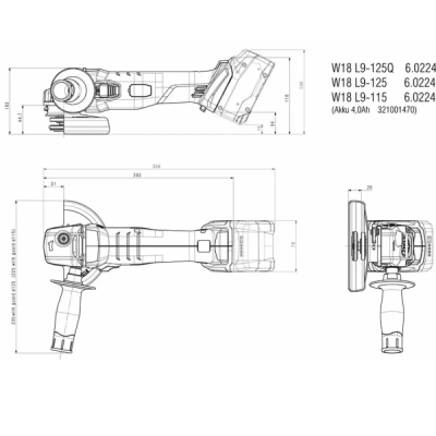 Акумуляторна кутова шліфмашина Metabo W 18 L 9-125 Quick (18 В, 2х5.2 А*год, 125 мм) (602249650)
