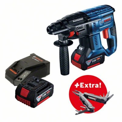 Профессиональный комплект Bosch: Аккумуляторный перфоратор GBH 180-LI + 2 x GBA 18 В 4.0Ah Батарея + многофункциональный инструмент Swiss Peak (0615990L01)