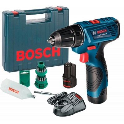 Аккумуляторная дрель-шуруповерт Bosch GSR 120-LI + 2 акб + AL 1115 CV + 24 биты + чемодан (06019F700D)